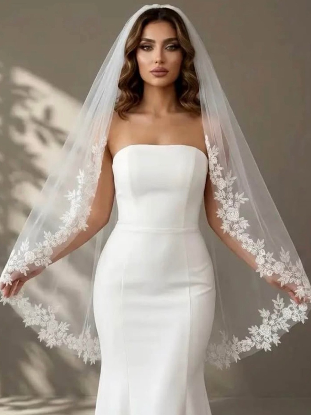 Classic White Bridal Veil with Floral Lace Edging